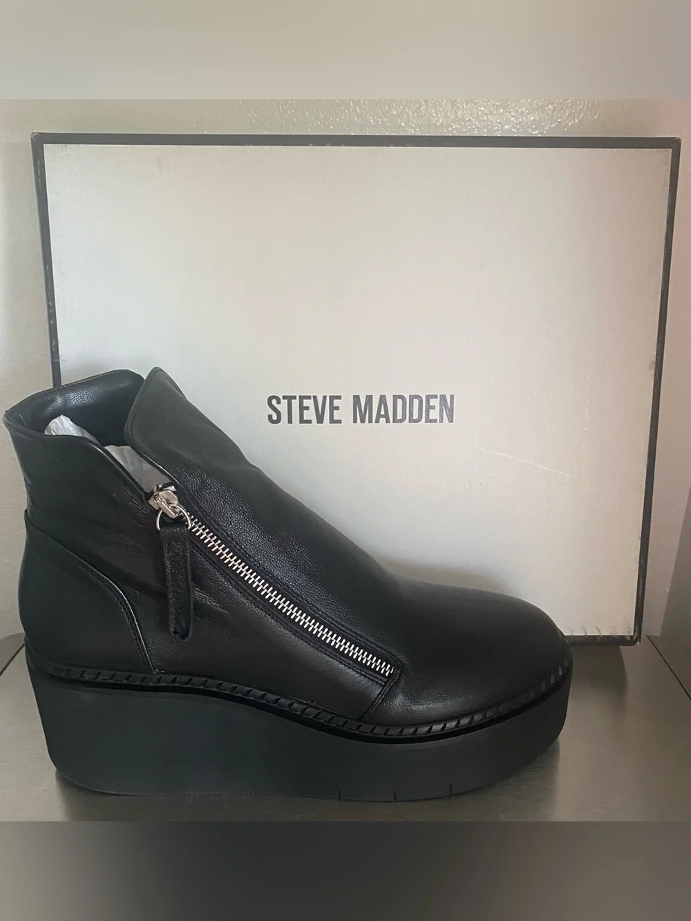NEW STEVE MADDEN WOMENS LEATHER PLATFORM DOUBLE ZIP BOOTS